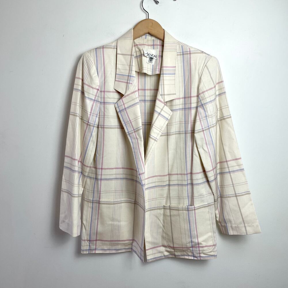 Vintage 80s 90s Cream Plaid Lightweight Blazer Large Pastel USA Summer Layering